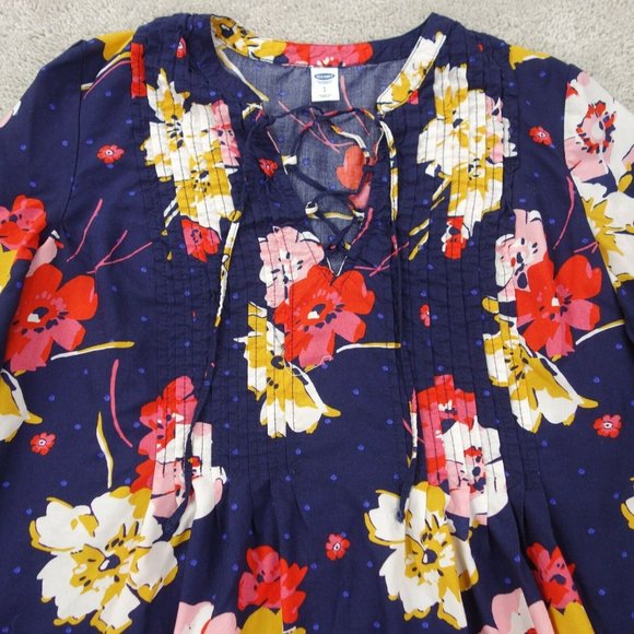 Old Navy Dress Womens Small Blue Floral Balloon Sleeve Pleated Front Lace Up - Picture 2 of 8